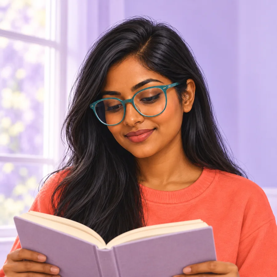 The same woman in turquoise glasses reading an open lavender book beside a window