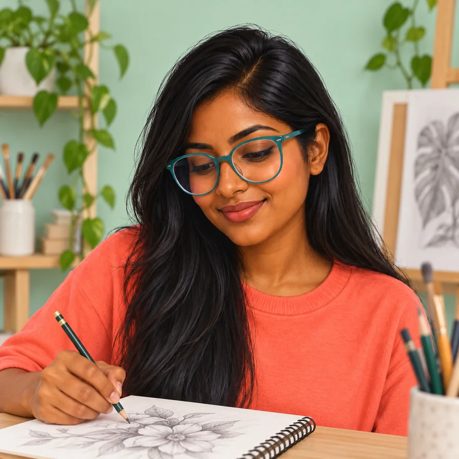 The same woman in turquoise glasses sketching in a notebook at a desk with houseplants