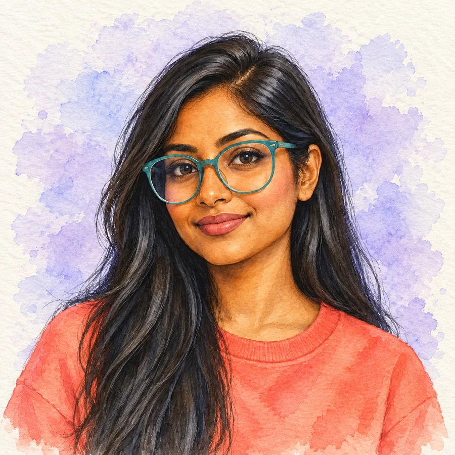 The same long-haired woman and turquoise glasses rendered with loose lavender watercolor texture