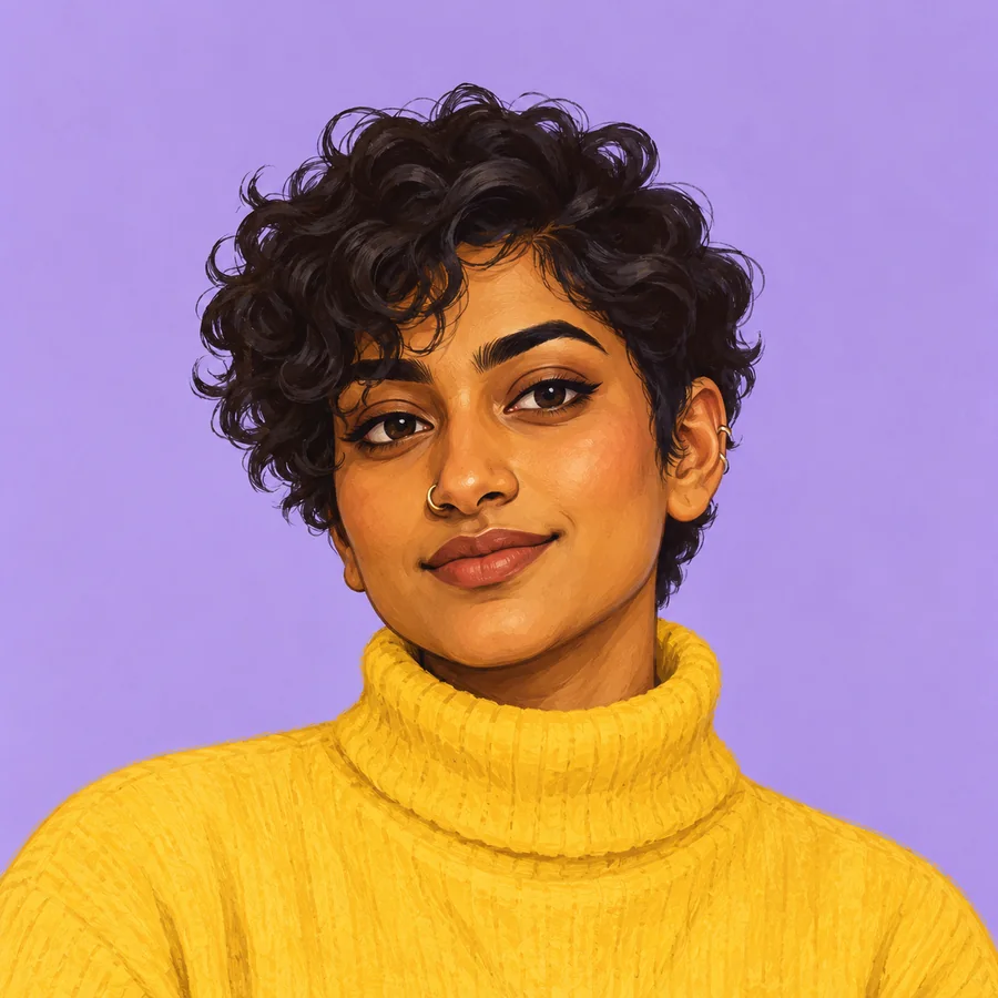 Illustrated adult with short dark curls and a yellow turtleneck against purple