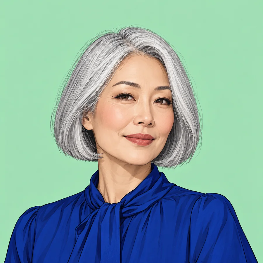 Illustrated older adult woman with a straight silver bob and a royal-blue blouse against mint