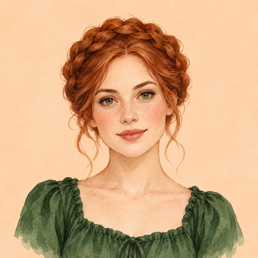Illustrated adult woman with a red updo and a dark-green square-neck blouse against peach