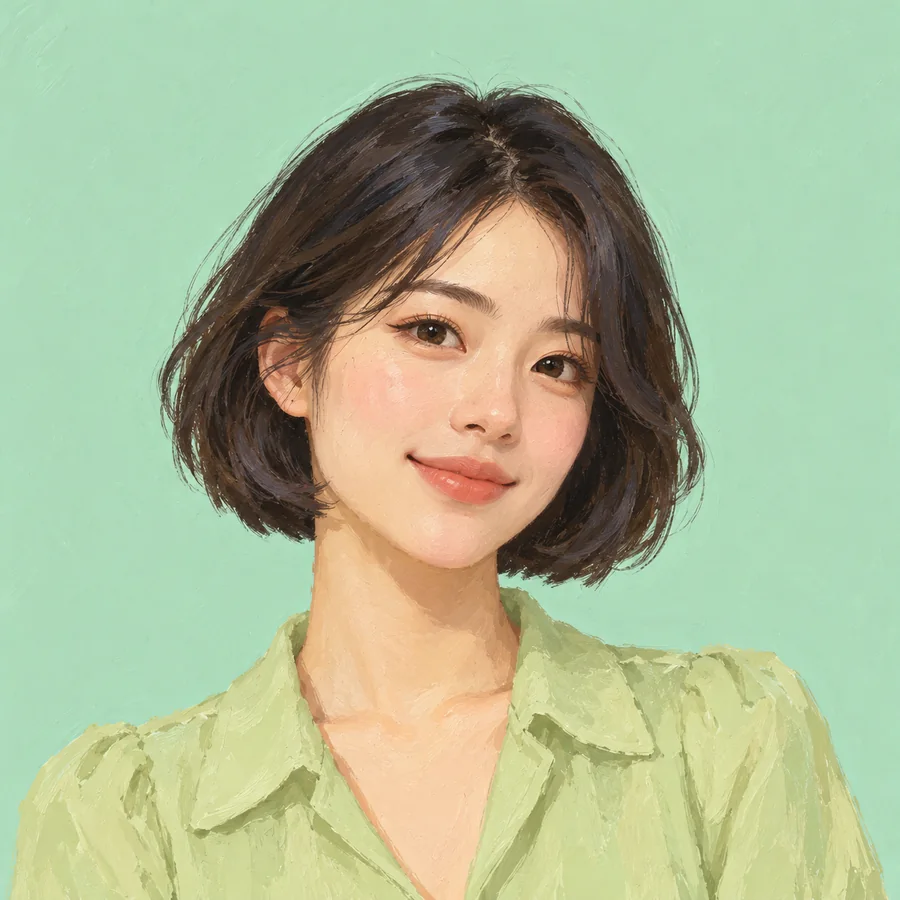 Illustrated adult woman with a dark bob and a pale-green collared shirt against mint