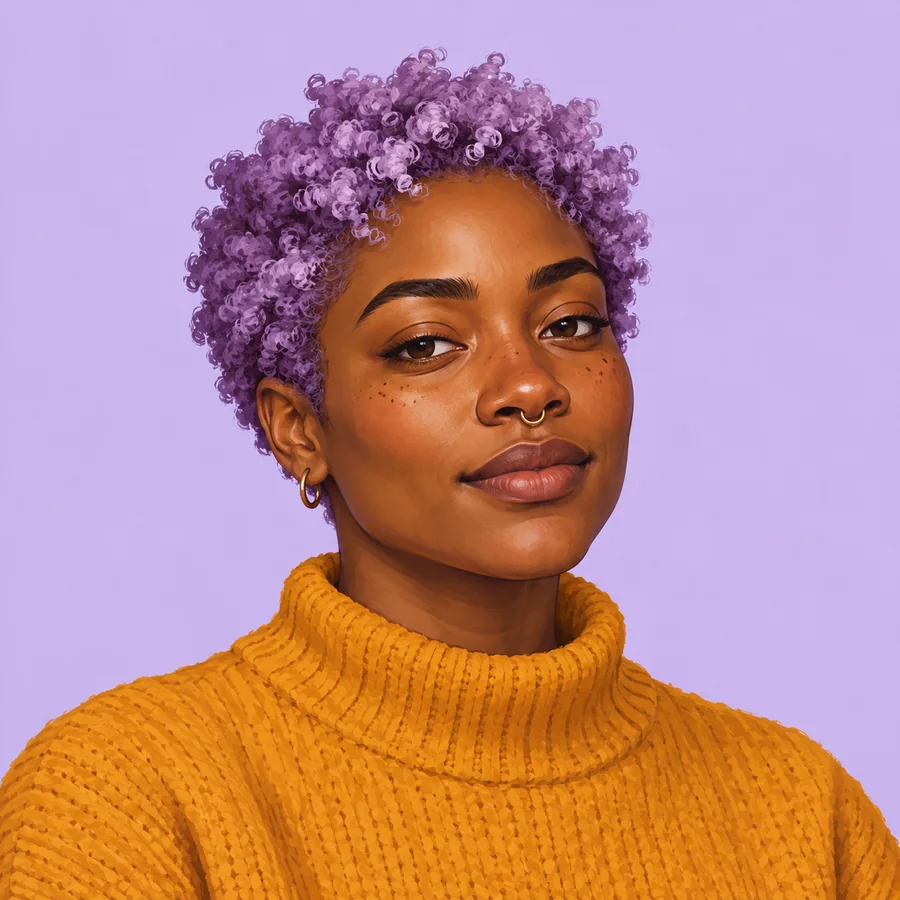 Illustrated adult Black woman with short purple curls, gold hoops and an ochre knit sweater