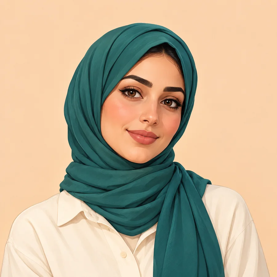 Illustrated adult woman wearing a teal headscarf and a cream blouse against peach