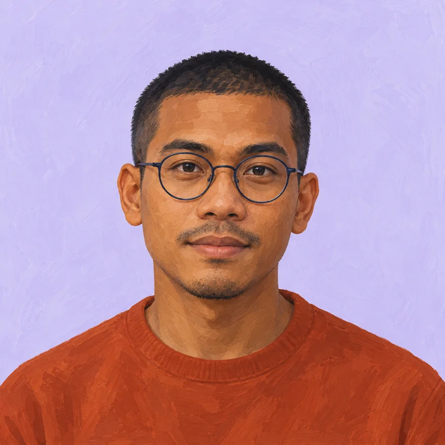 Calm illustrated adult man with short black hair, round dark glasses and a burnt-orange crewneck