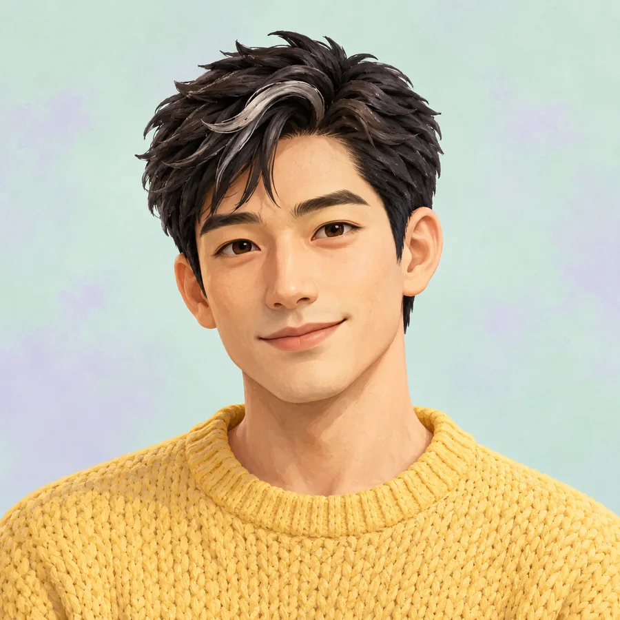 Illustrated adult man with black hair and a silver streak, a yellow knit sweater and a mint-and-lavender background