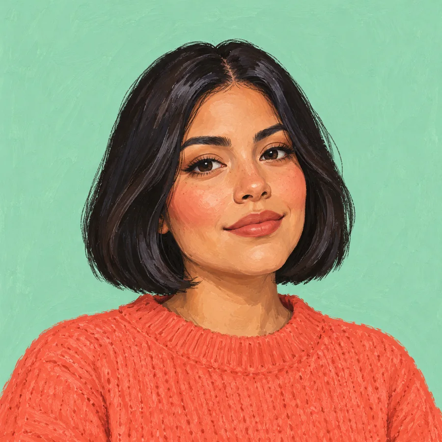 Illustrated adult woman with a dark chin-length bob and a coral knit sweater against mint
