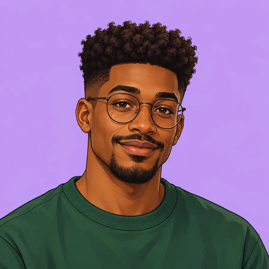 Illustrated adult Black man with a high curly top, gold glasses, a short goatee and a green crewneck