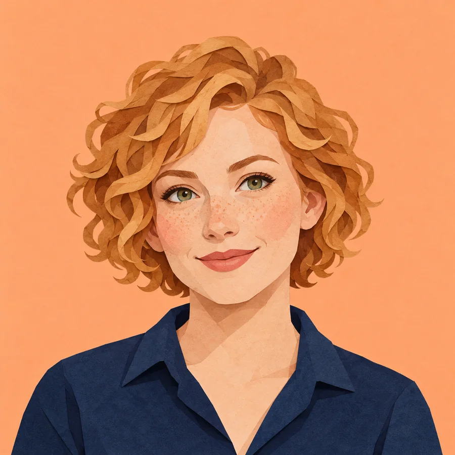 Illustrated adult woman with short wavy blonde hair and a navy collared shirt on peach