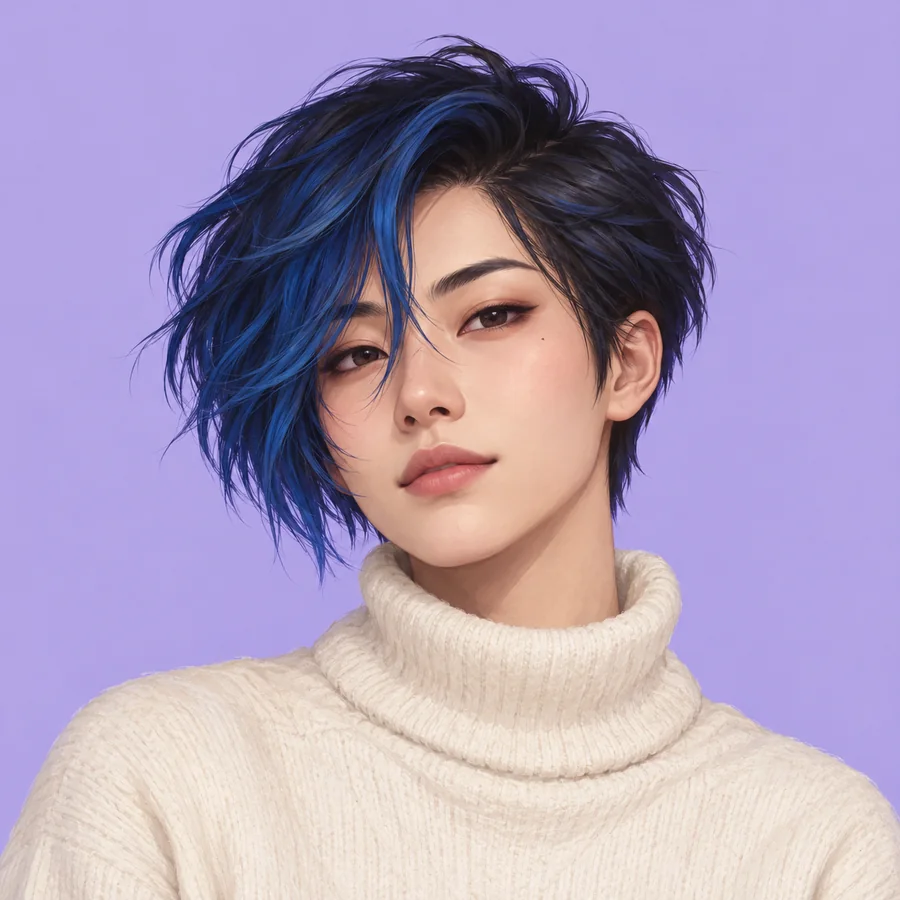 Illustrated adult with asymmetric blue-black hair and a cream turtleneck against lavender