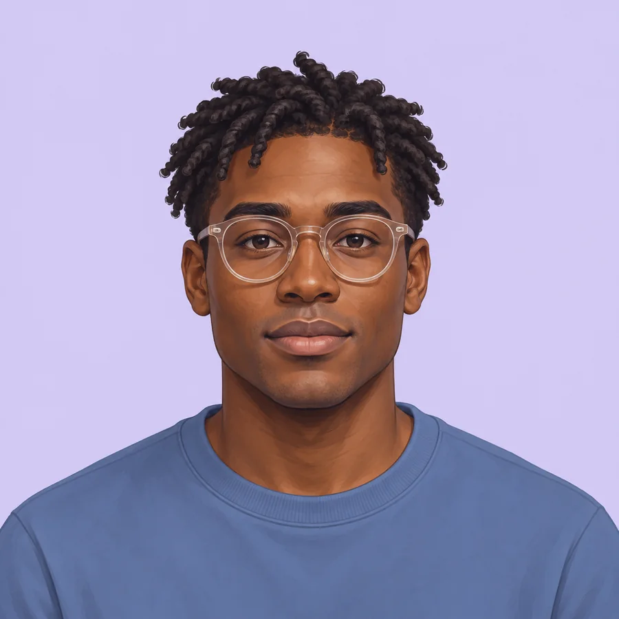 Illustrated adult Black man with short twists, translucent glasses and a muted-blue crewneck