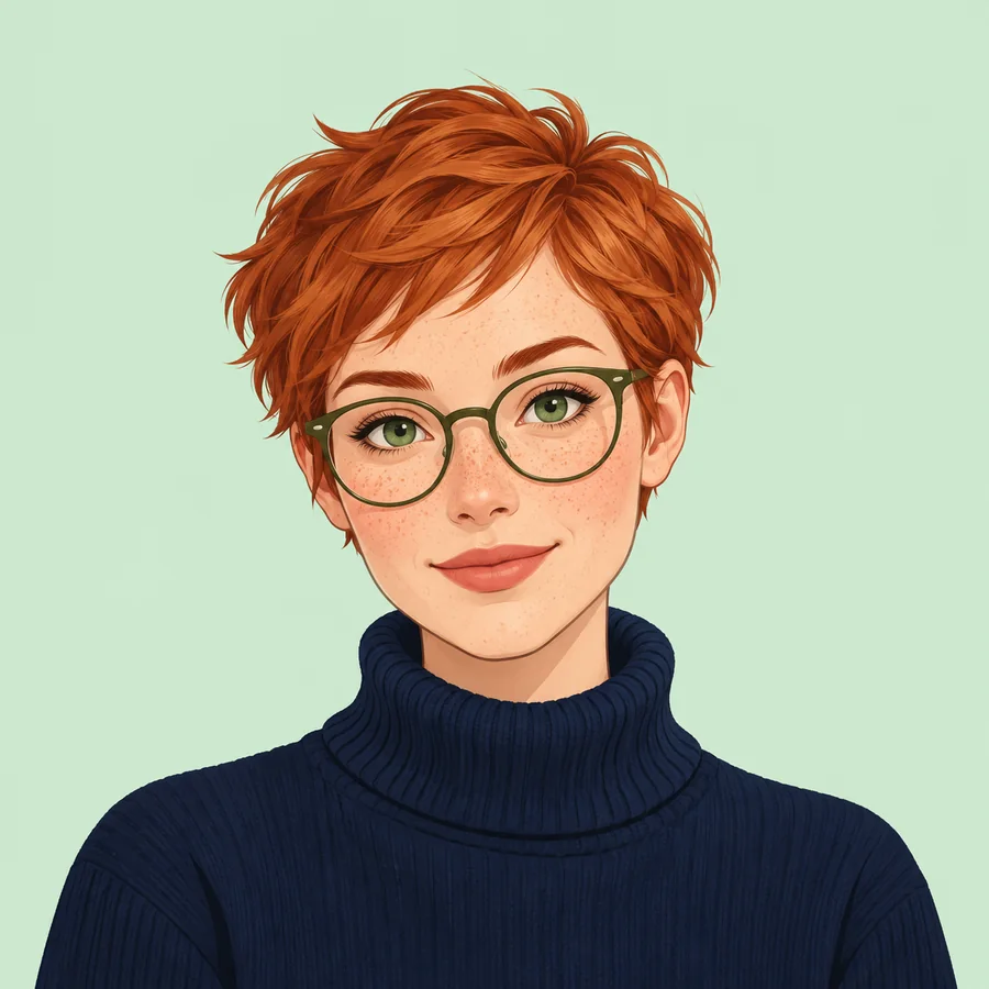 Illustrated adult with short copper hair, green glasses and a navy turtleneck against mint