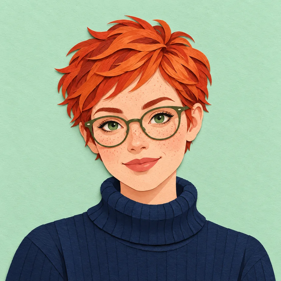 The same copper-haired adult with green glasses rendered with graphic layered paper-like shapes
