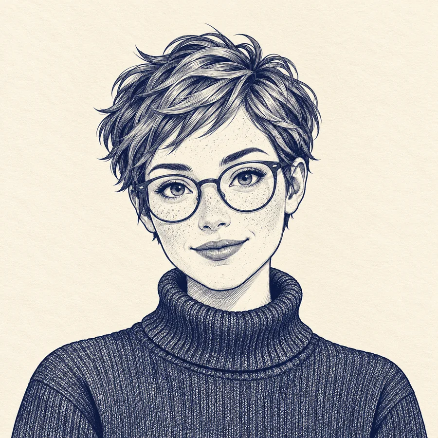 The same copper-haired adult with green glasses rendered in navy ink on cream paper