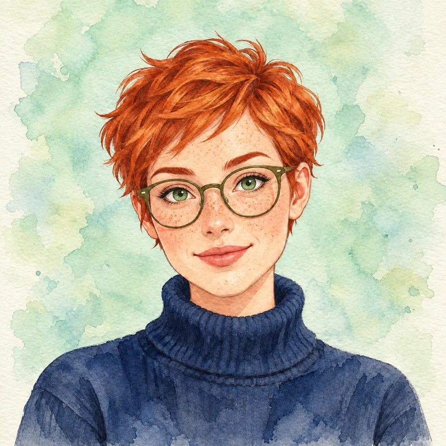 The same copper-haired adult with green glasses rendered in soft mint watercolor