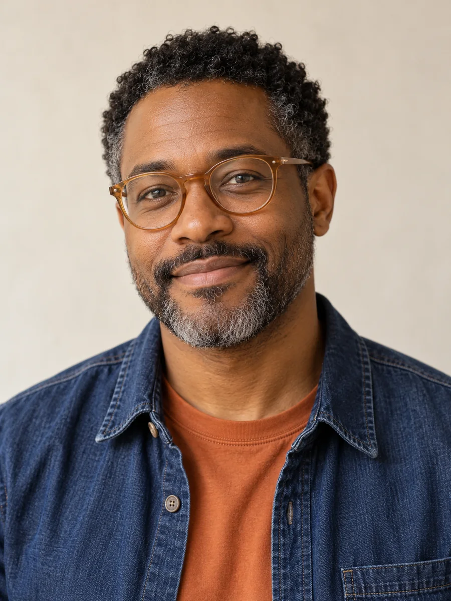 Synthetic photo of an adult Black man with greying curls, amber glasses, indigo overshirt and orange crewneck