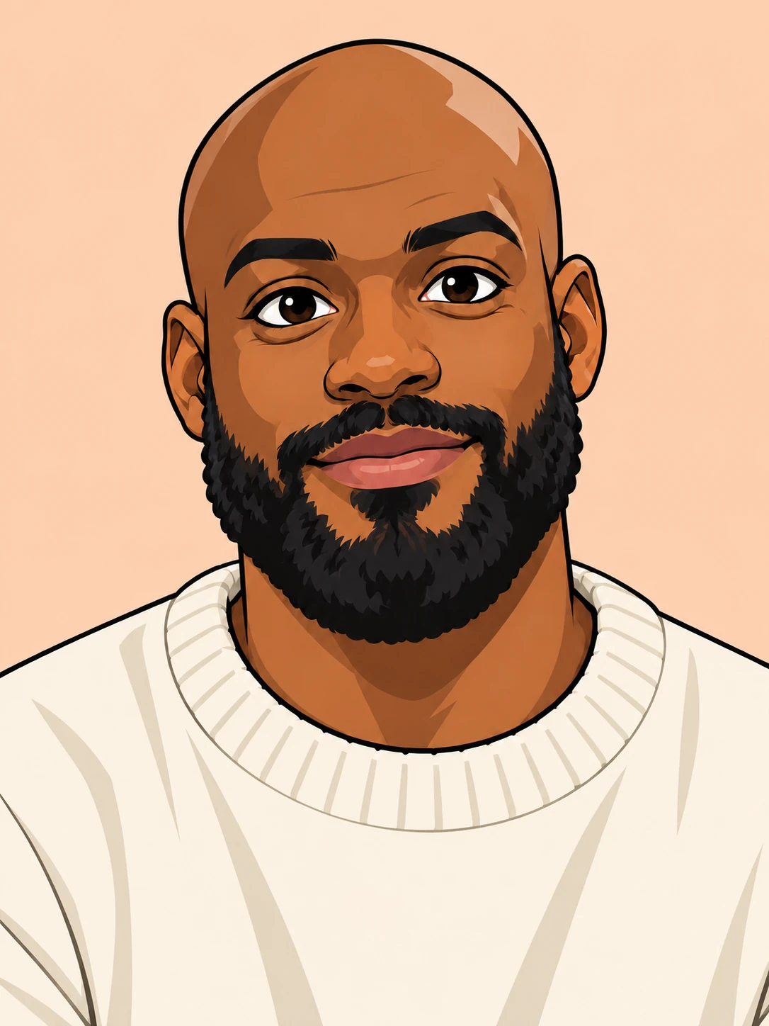 The same bald, bearded cartoon man and cream crewneck against a warm peach background