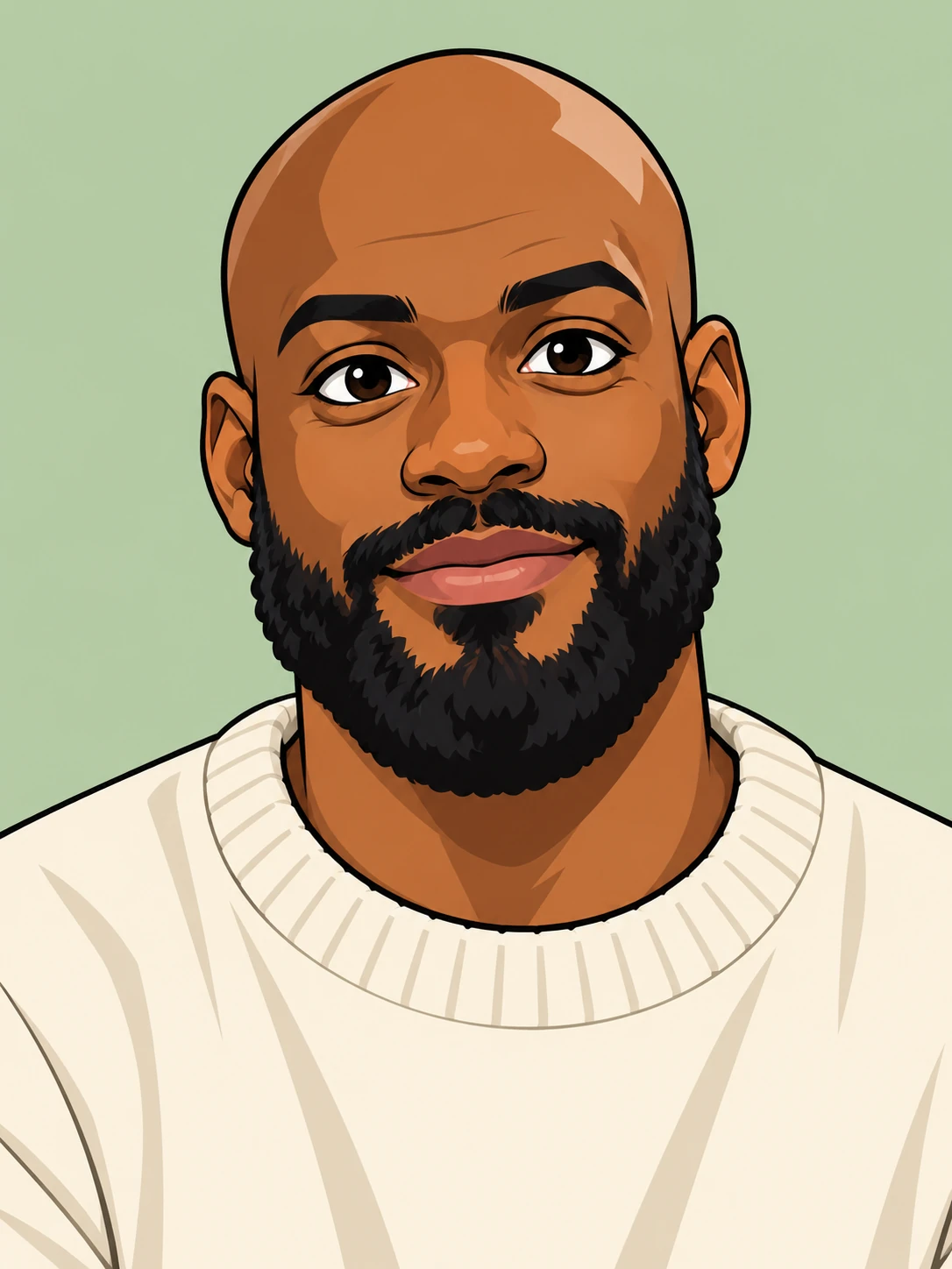 Bald cartoon man with a black beard and cream crewneck against a sage-green background