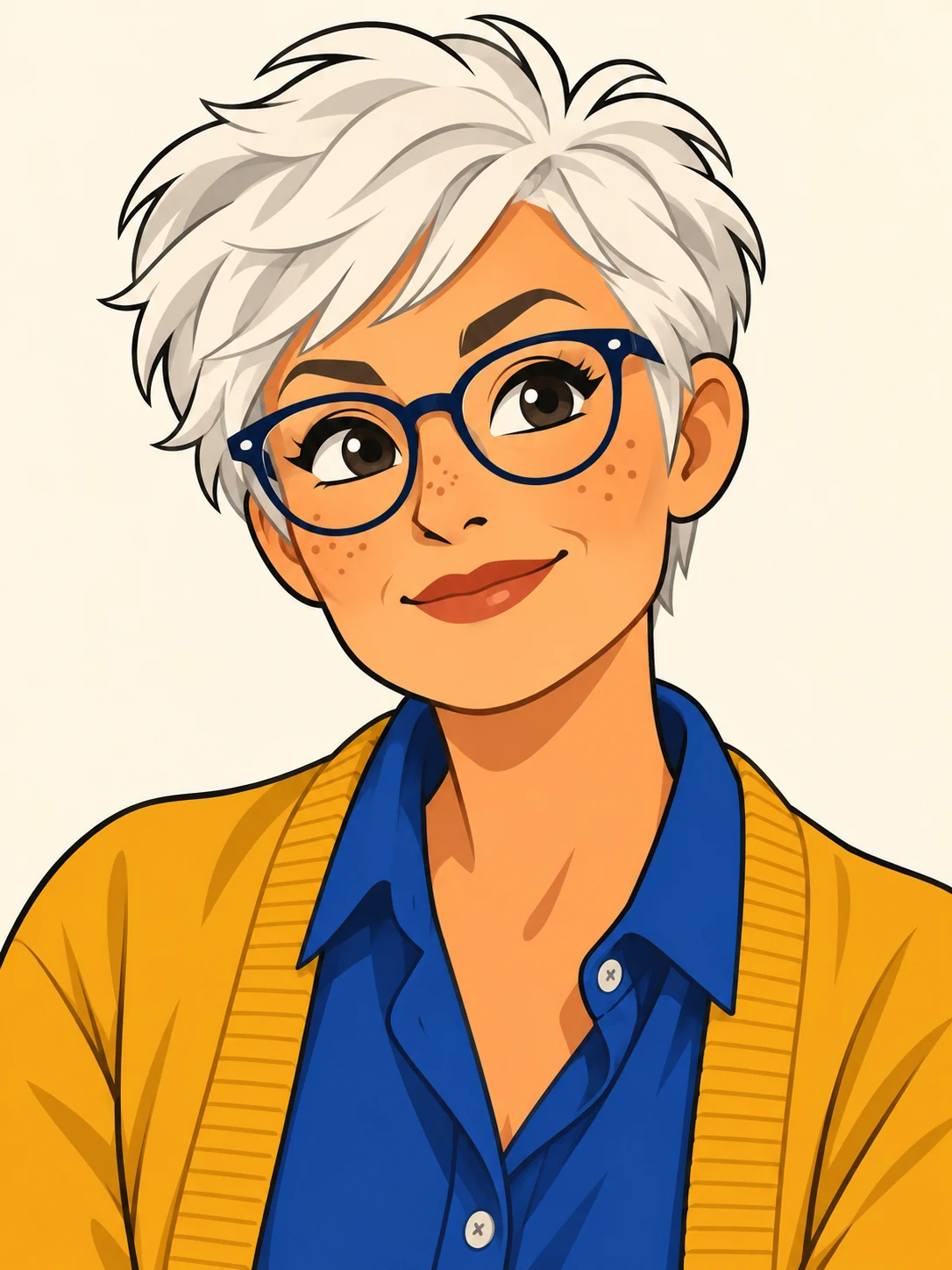 Older cartoon woman with a white pixie cut, navy glasses, mustard cardigan and cobalt shirt