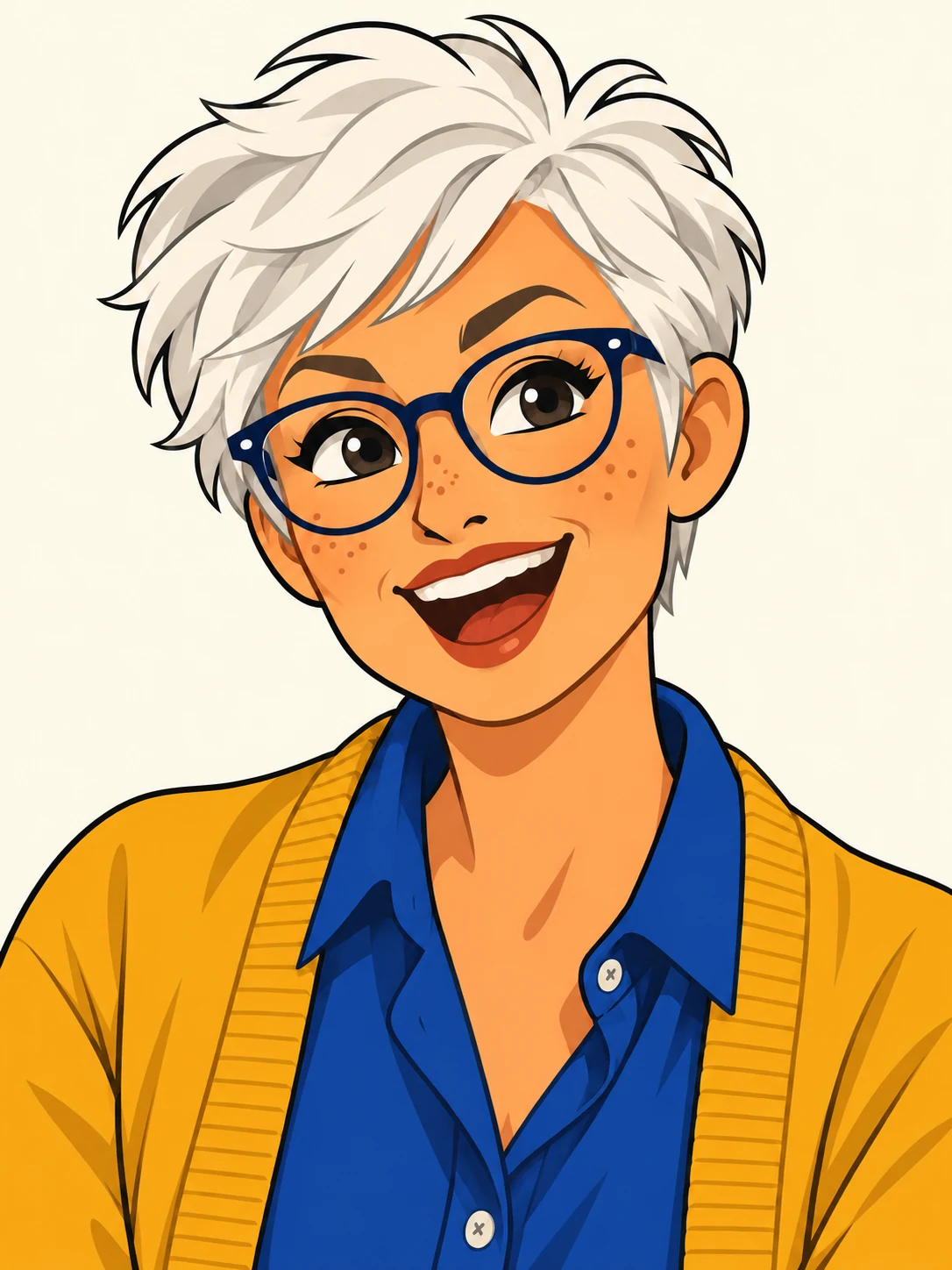 The same white-haired cartoon woman laughing with an open smile behind navy glasses