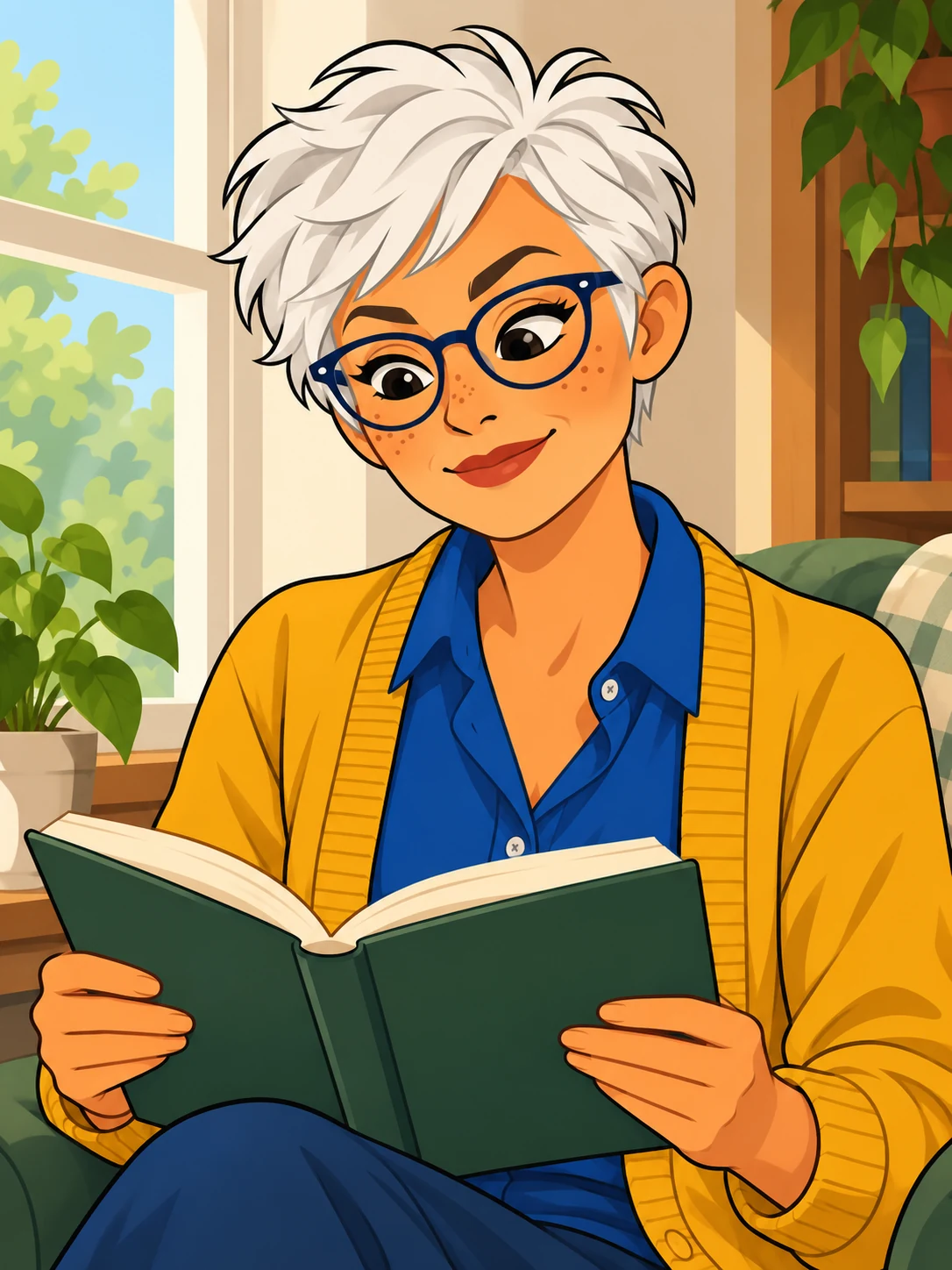 The same white-haired cartoon woman looking down at an open green book by a window