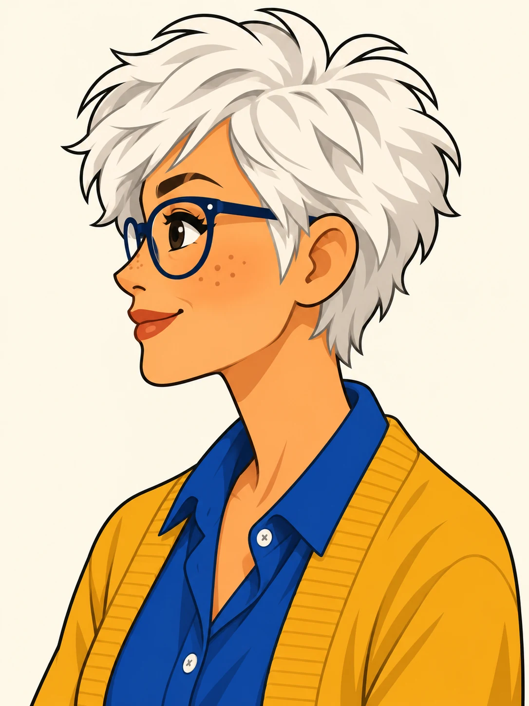 Side view of the same white-haired cartoon woman, preserving navy glasses and mustard cardigan