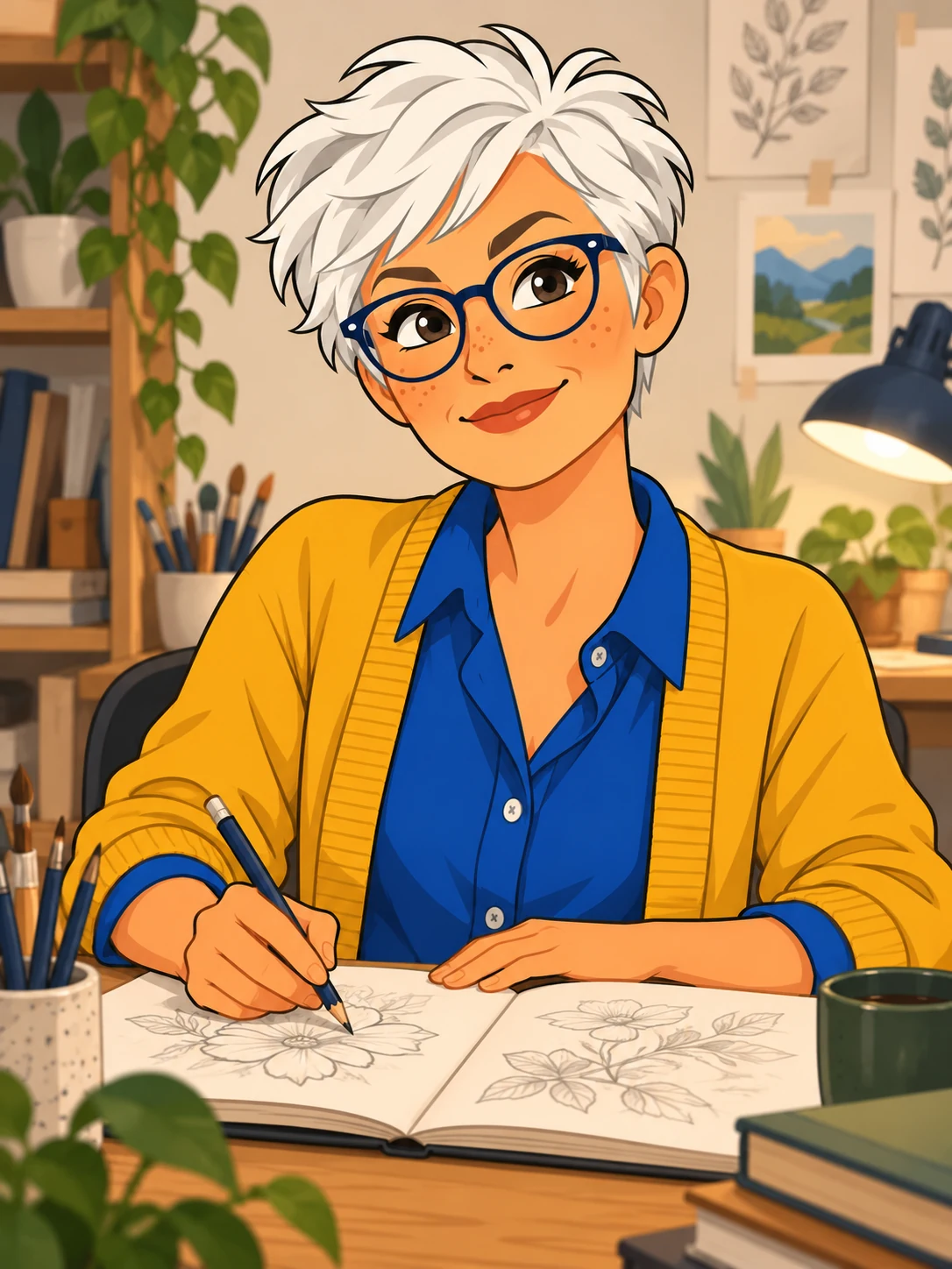 The same white-haired cartoon woman drawing at a desk, with a sketchbook, pencils and plants
