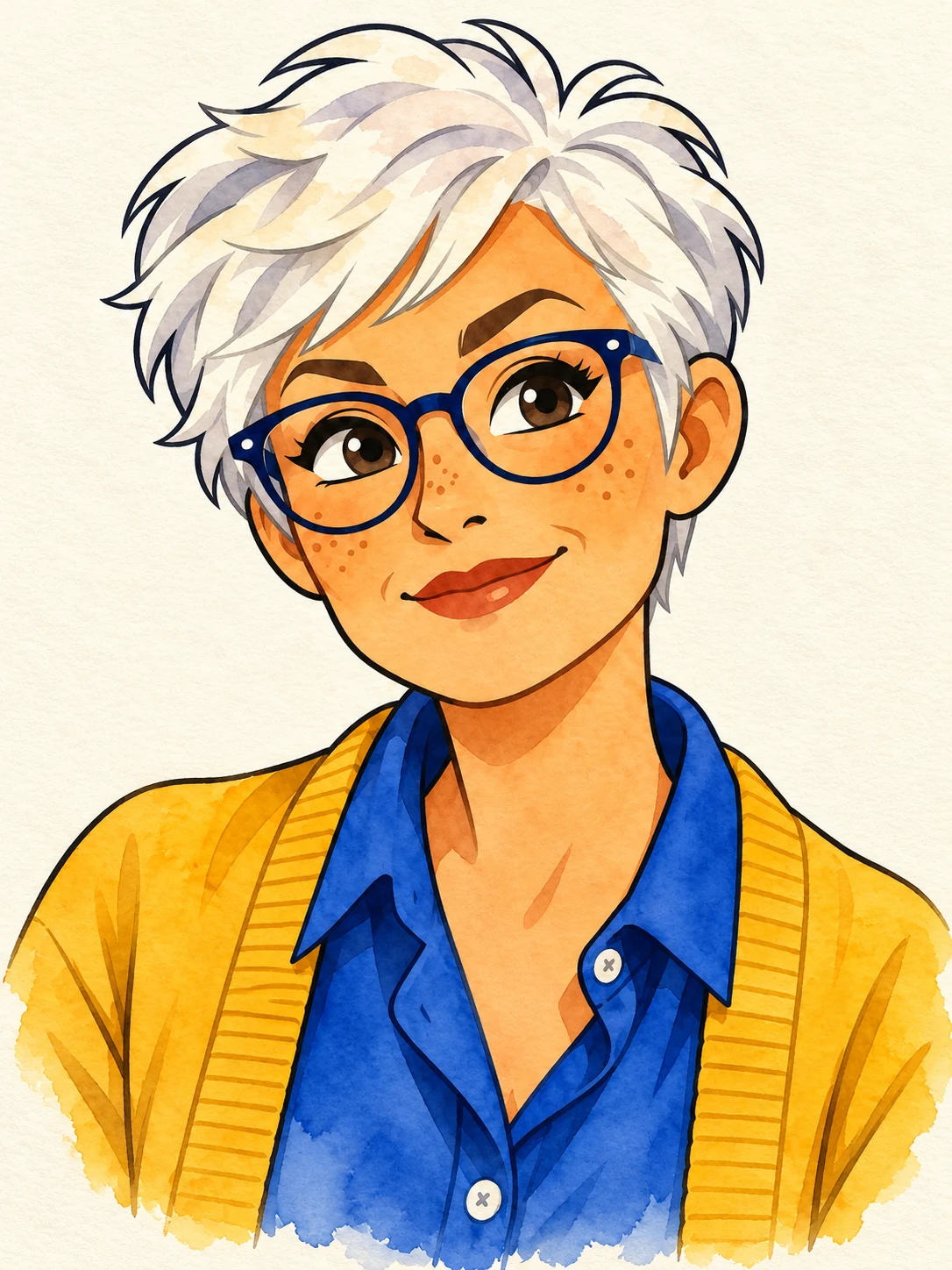 The same white-haired cartoon woman and mustard cardigan rendered in a loose watercolor finish