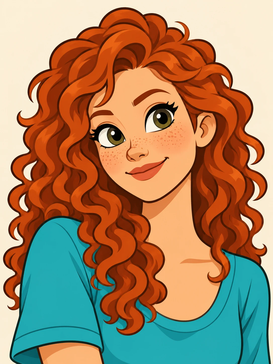 Cartoon adult woman with long orange curls and a teal crewneck