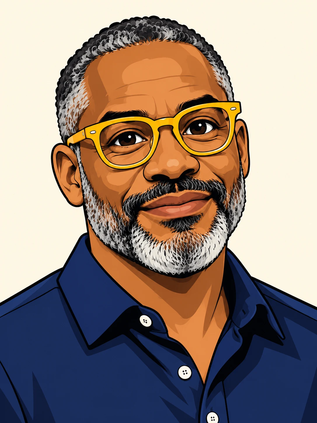 Drawn portrait of an older Black man with short grey hair, a grey beard, thick yellow glasses and a navy polo