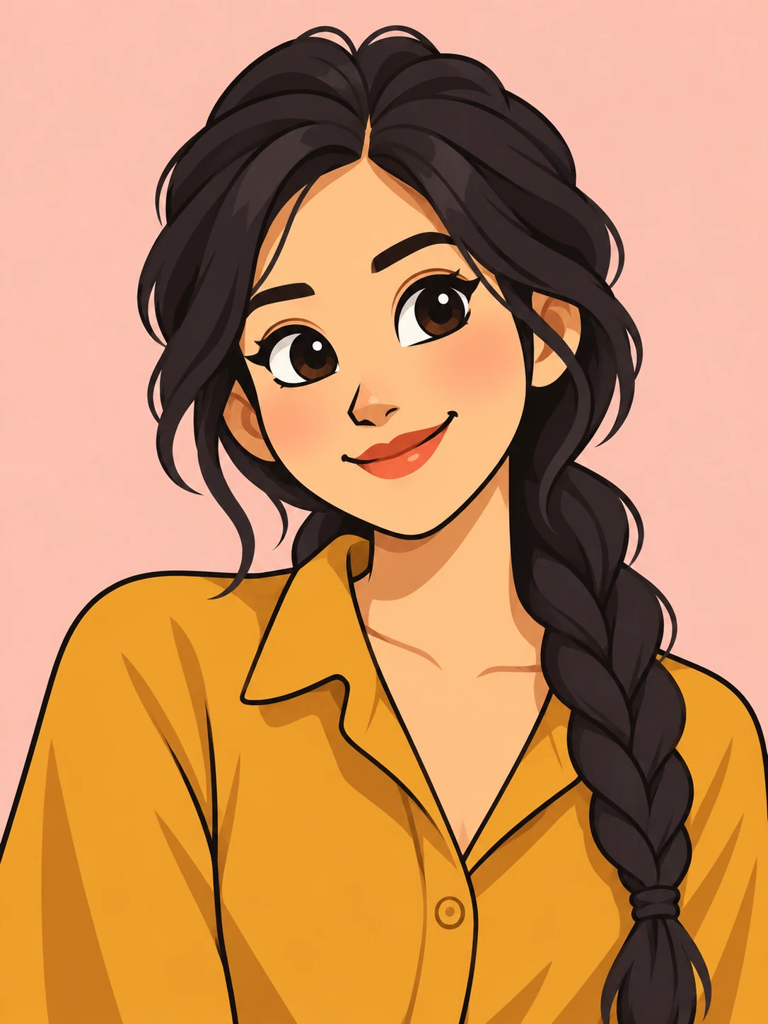 Cartoon adult woman with a dark side braid and a mustard collared blouse