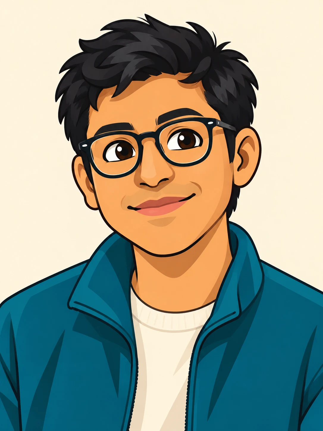 Cartoon adult man with tousled black hair, black glasses and a teal jacket over a cream shirt