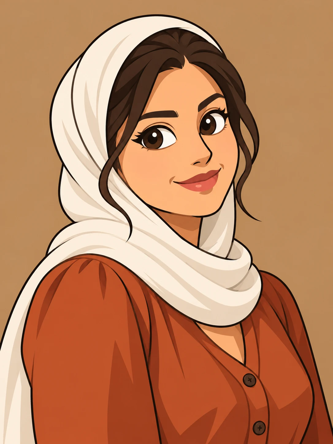 Cartoon adult woman wearing a cream headscarf and a rust-colored blouse