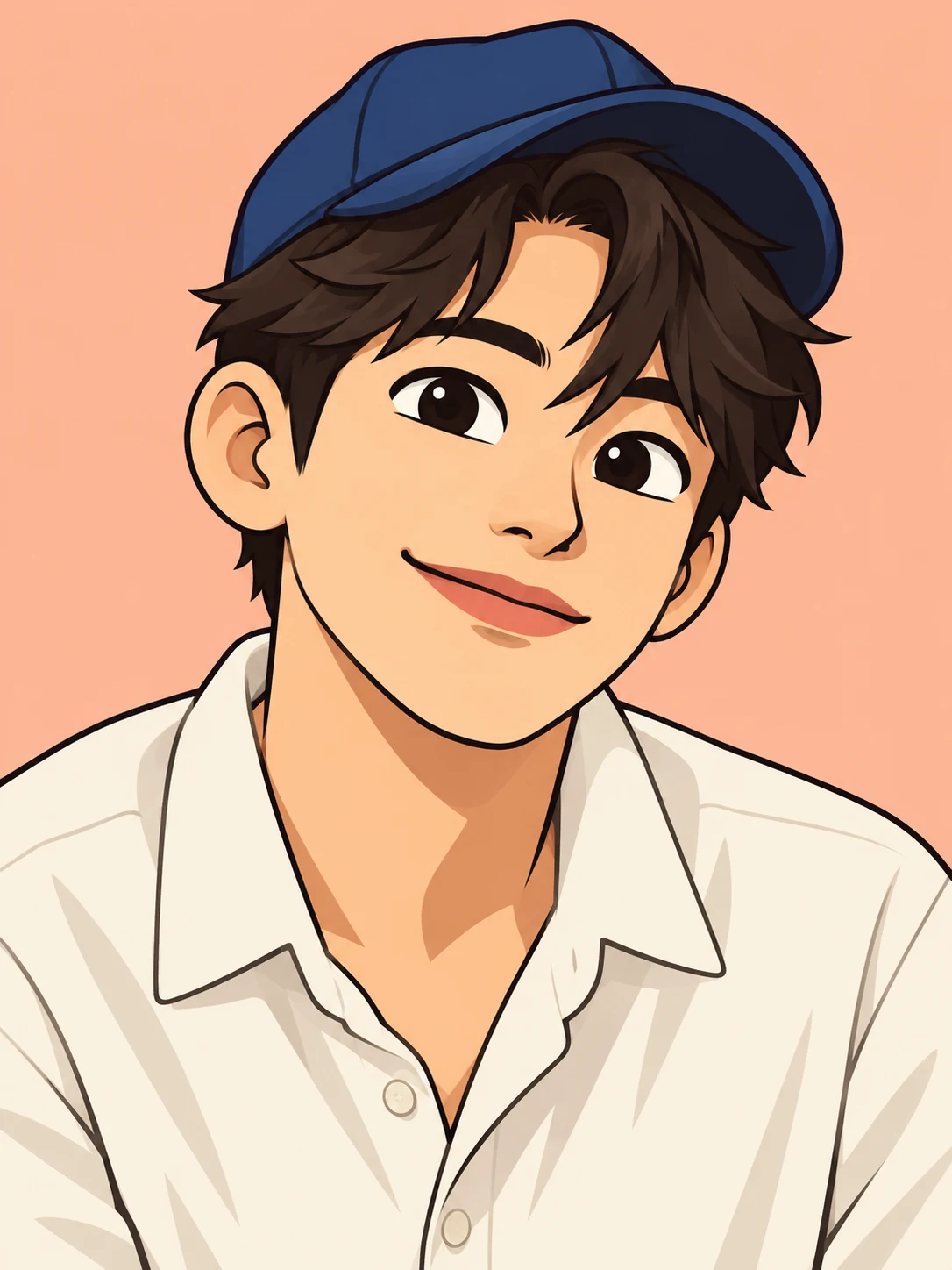 Cartoon adult man with a blue cap, tousled dark hair and a cream open-collar shirt