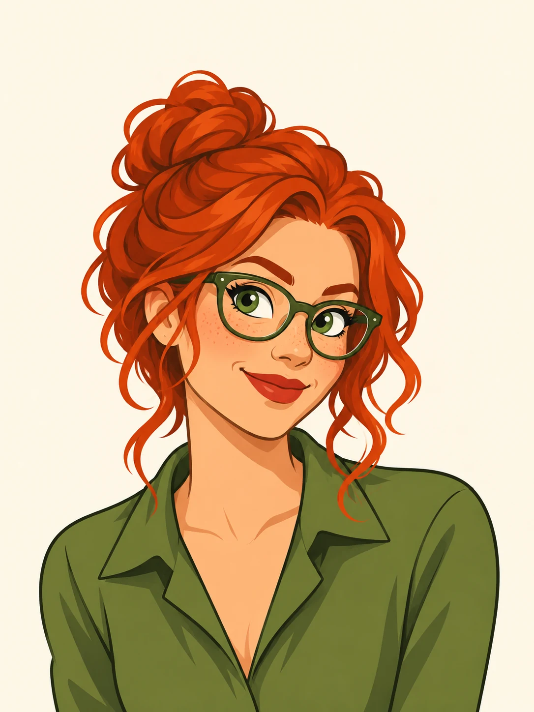 Cartoon adult woman with a fully visible red updo, olive-green glasses and an olive-green blouse