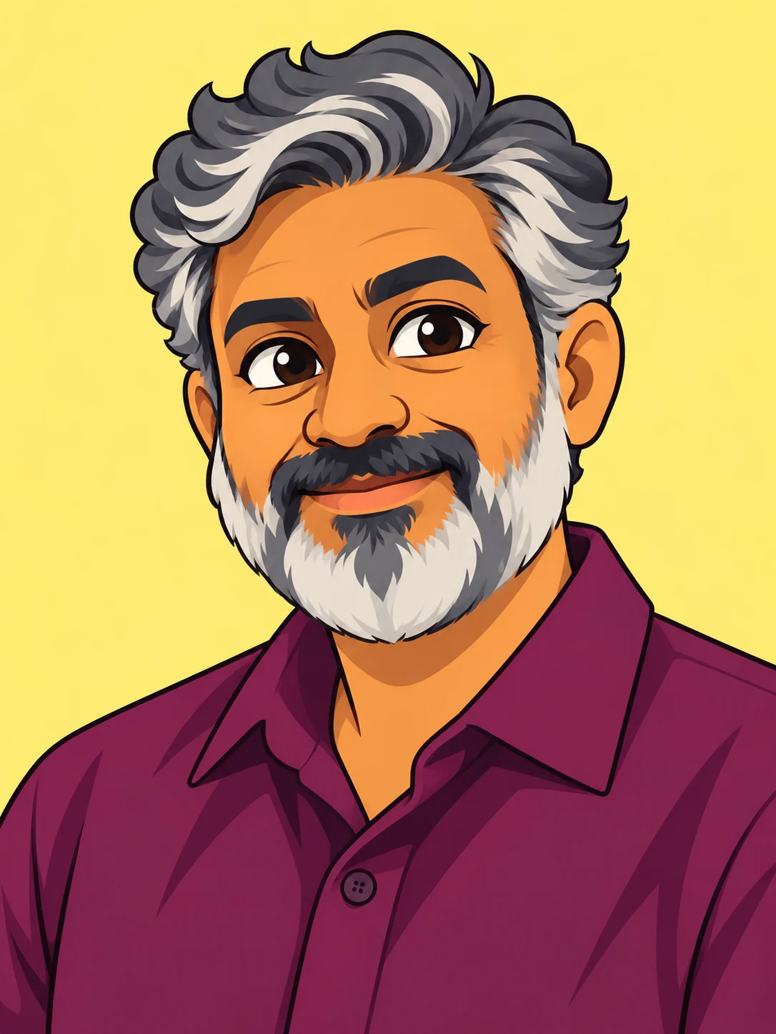 Cartoon adult man with swept silver hair, a grey beard and a plum collared shirt