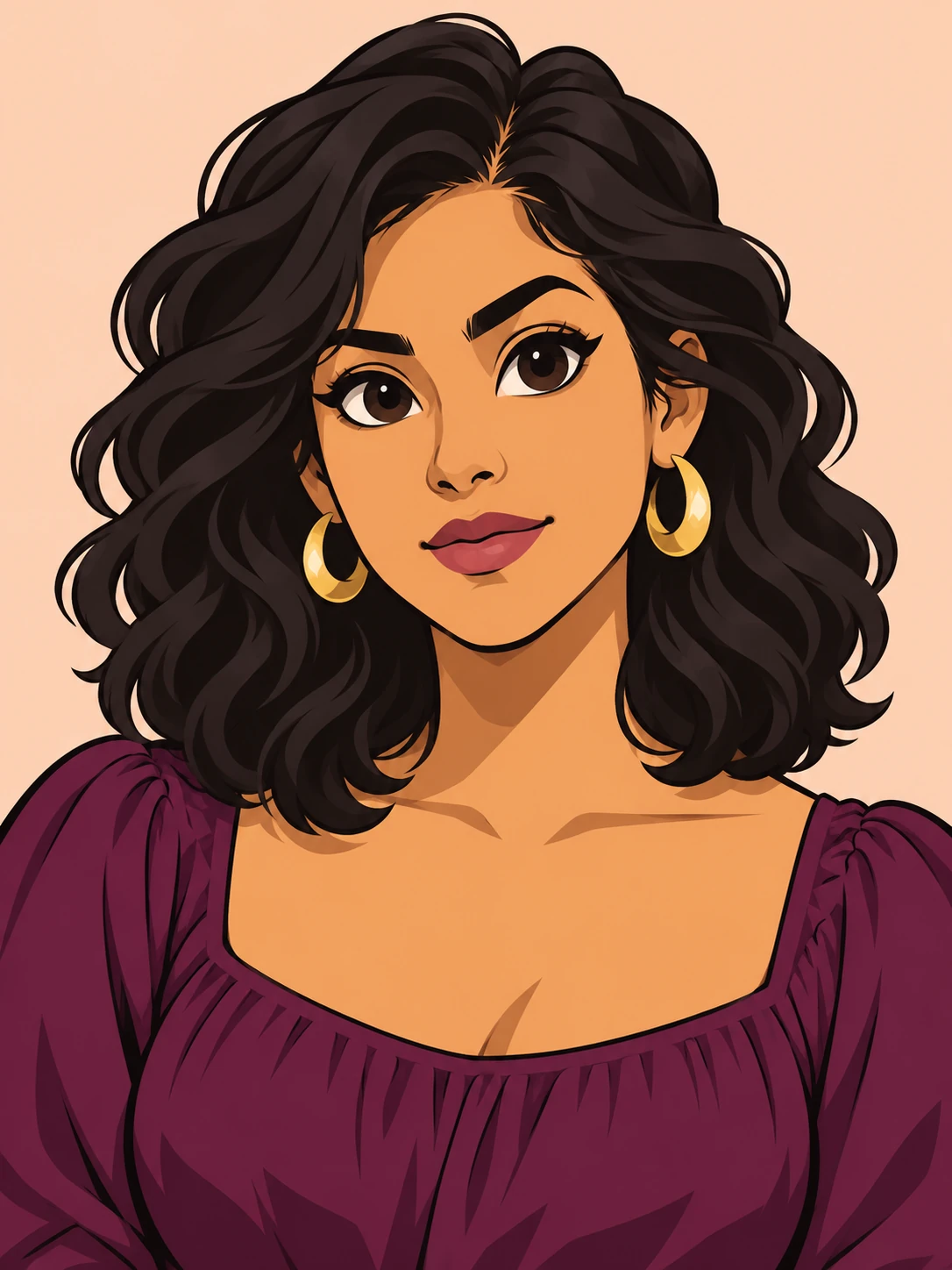 Calm cartoon woman with dark wavy shoulder-length hair, gold hoops and a plum blouse