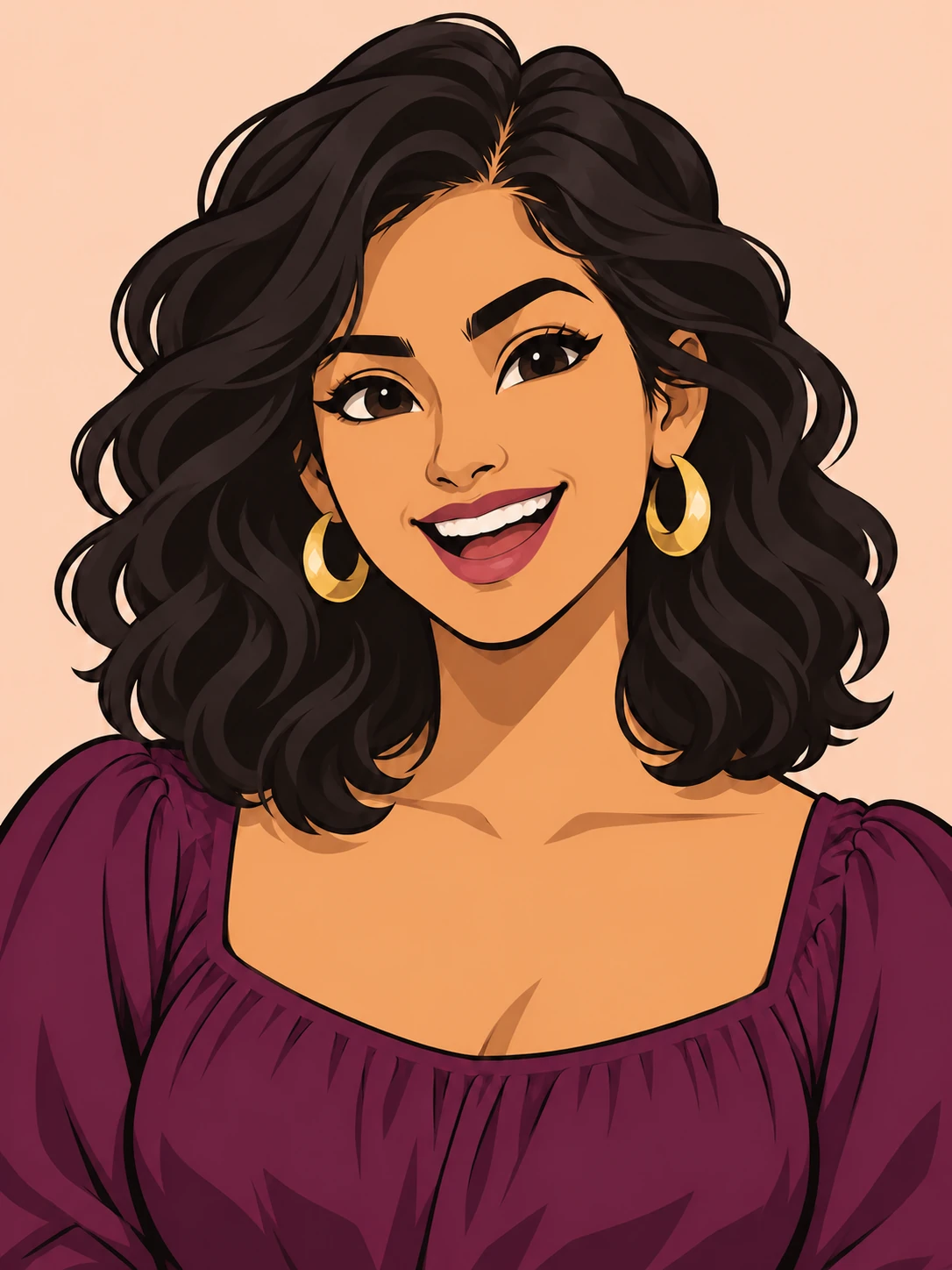 The same plum-blouse cartoon woman smiling broadly, with raised cheeks and the same gold hoops