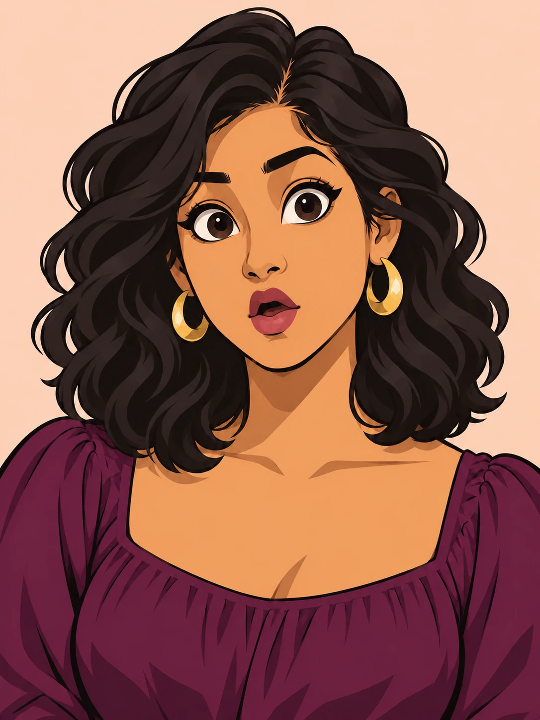 The same plum-blouse cartoon woman with raised eyebrows, wide eyes and a rounded surprised mouth