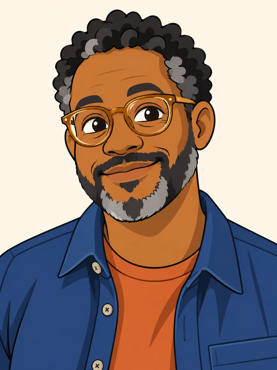 Bold 2D cartoon of the same adult man, with enlarged eyes, amber glasses, grouped grey curls and flat indigo and orange clothing