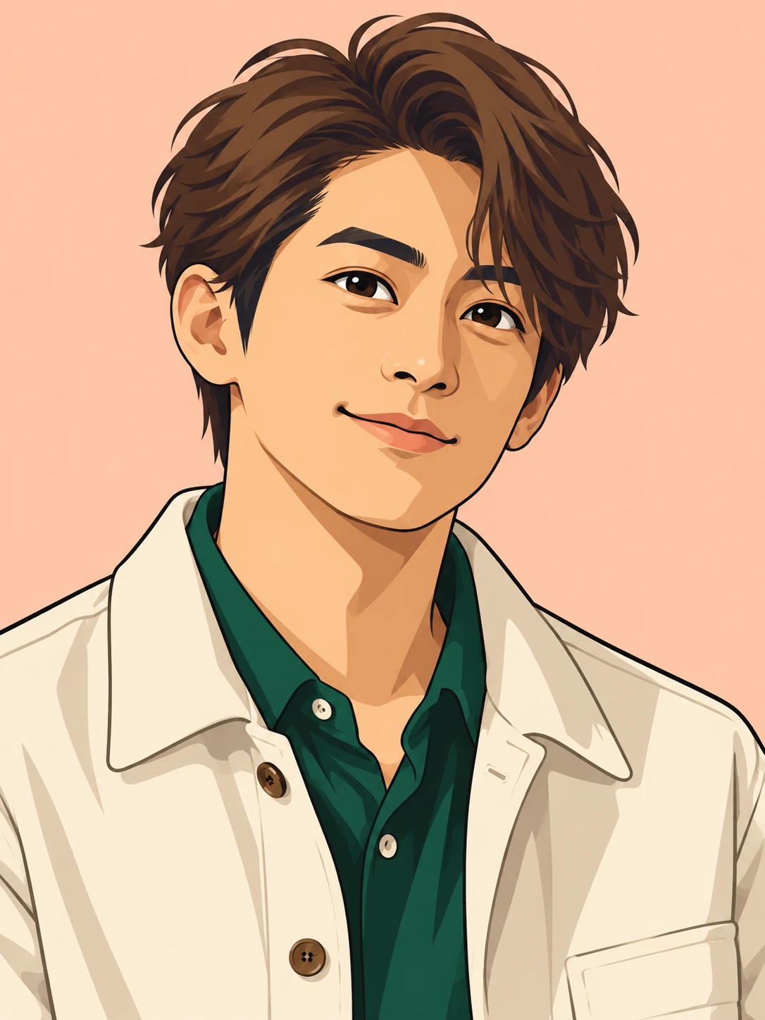 Cartoon adult man with swept brown hair, cream jacket and forest-green collared shirt