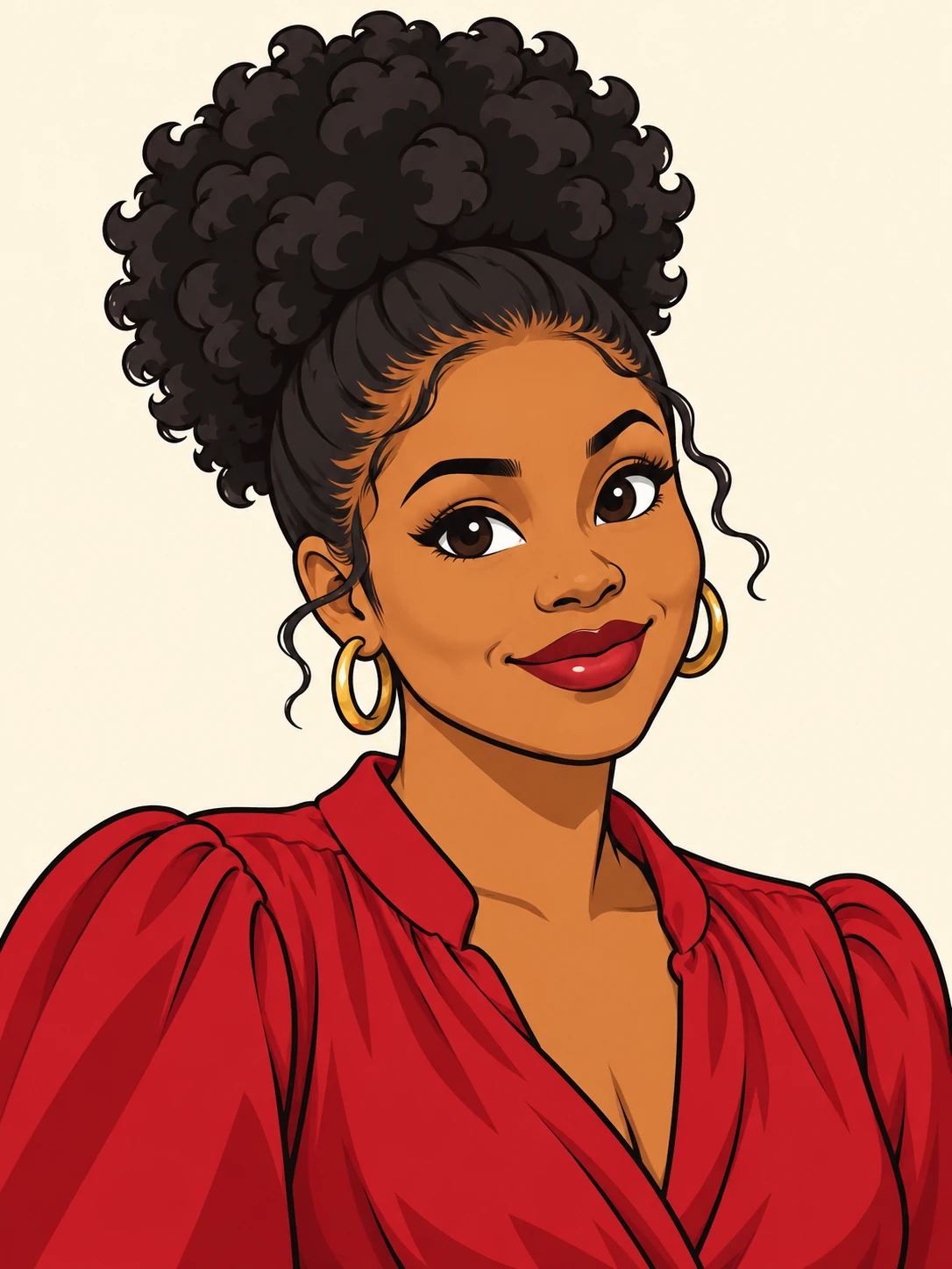 Cartoon adult woman with a high dark curly bun, gold hoops and a red puff-sleeve blouse