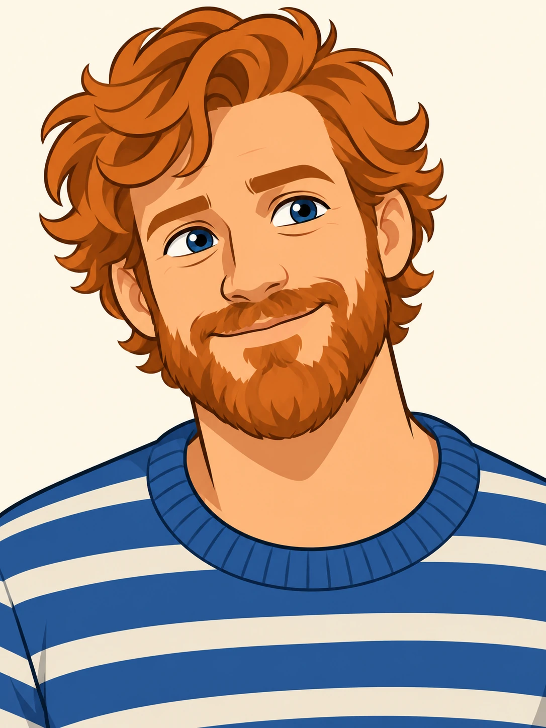 Cartoon adult man with wavy orange hair, ginger beard and a navy-and-white striped shirt