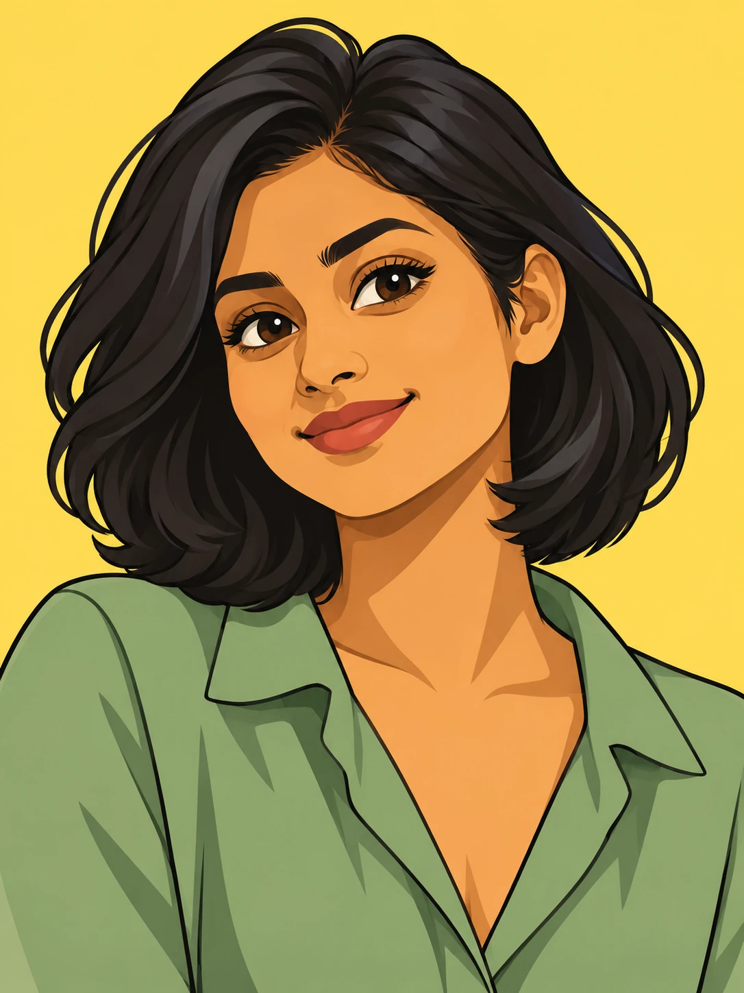 Cartoon adult woman with a black bob and sage-green shirt against a bright yellow background