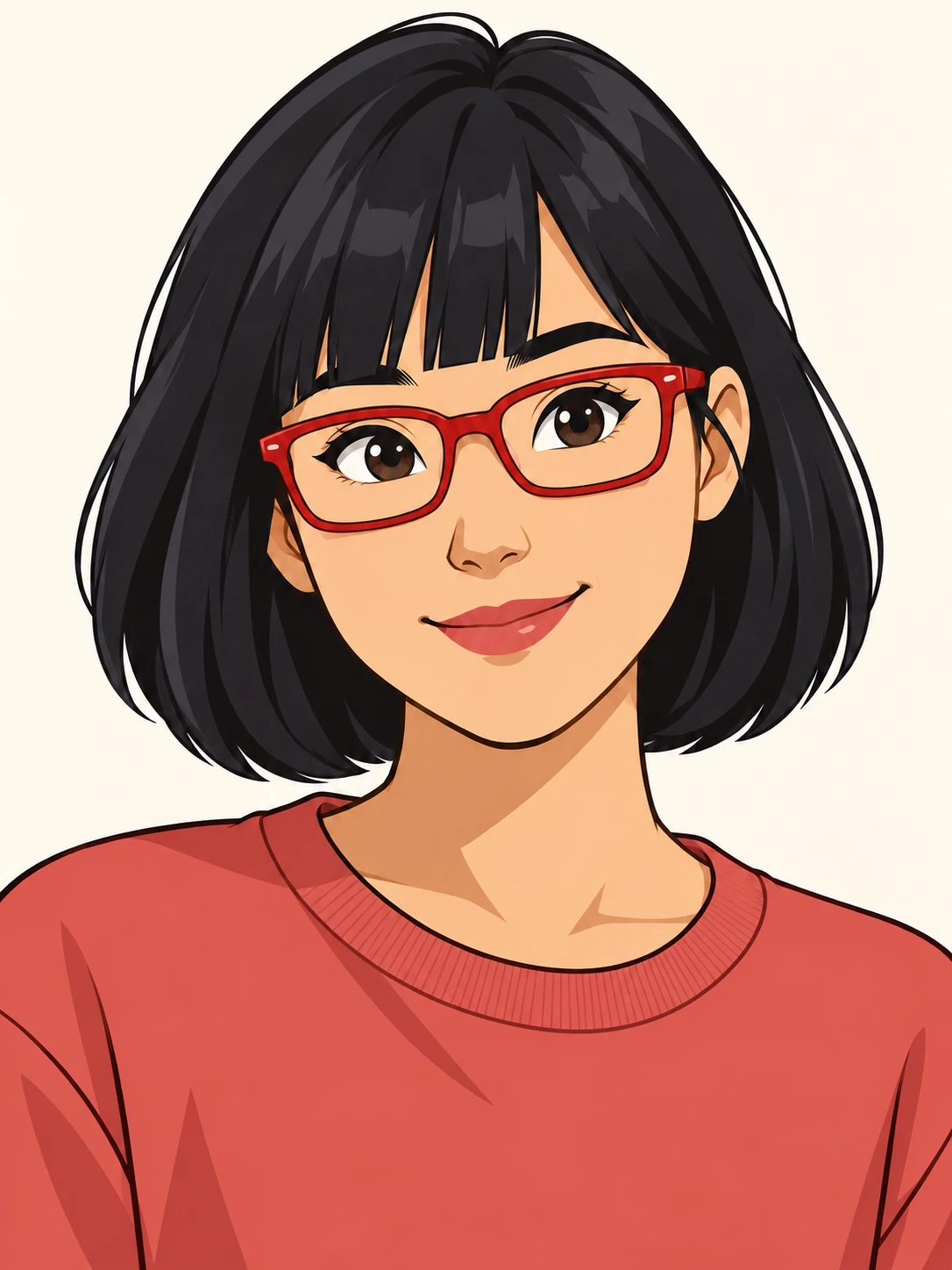 The same black-bob cartoon woman and red glasses with the crewneck changed to deep coral