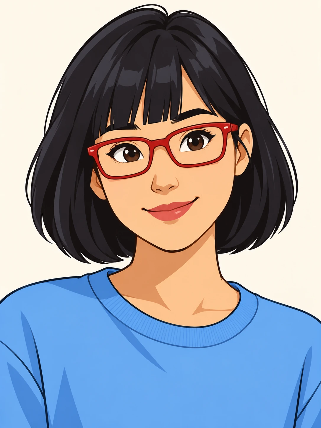 Cartoon adult woman with a black bob, red glasses and a muted blue crewneck