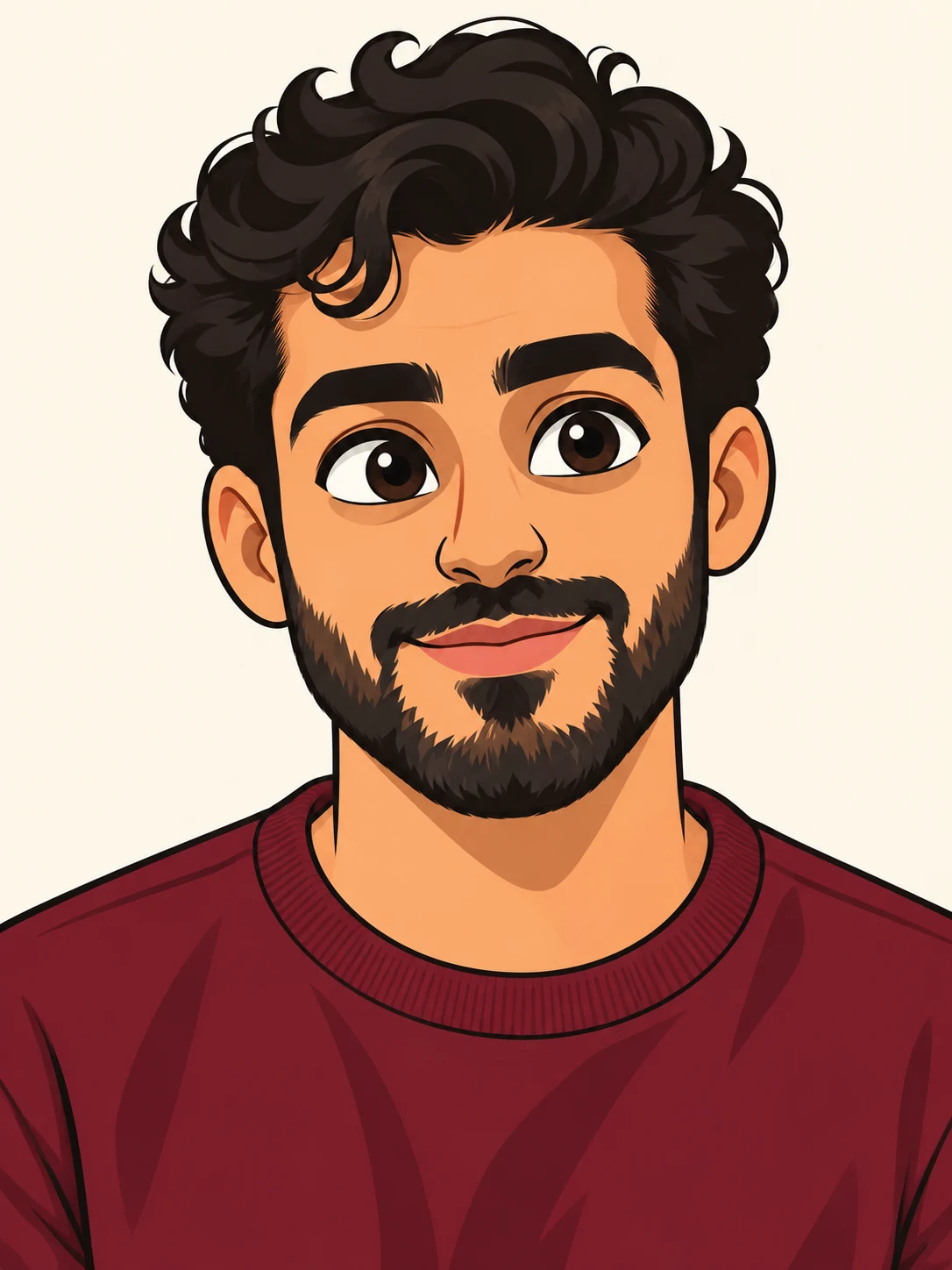 Cartoon adult man with thick dark curls, a short beard and a burgundy crewneck in flat color