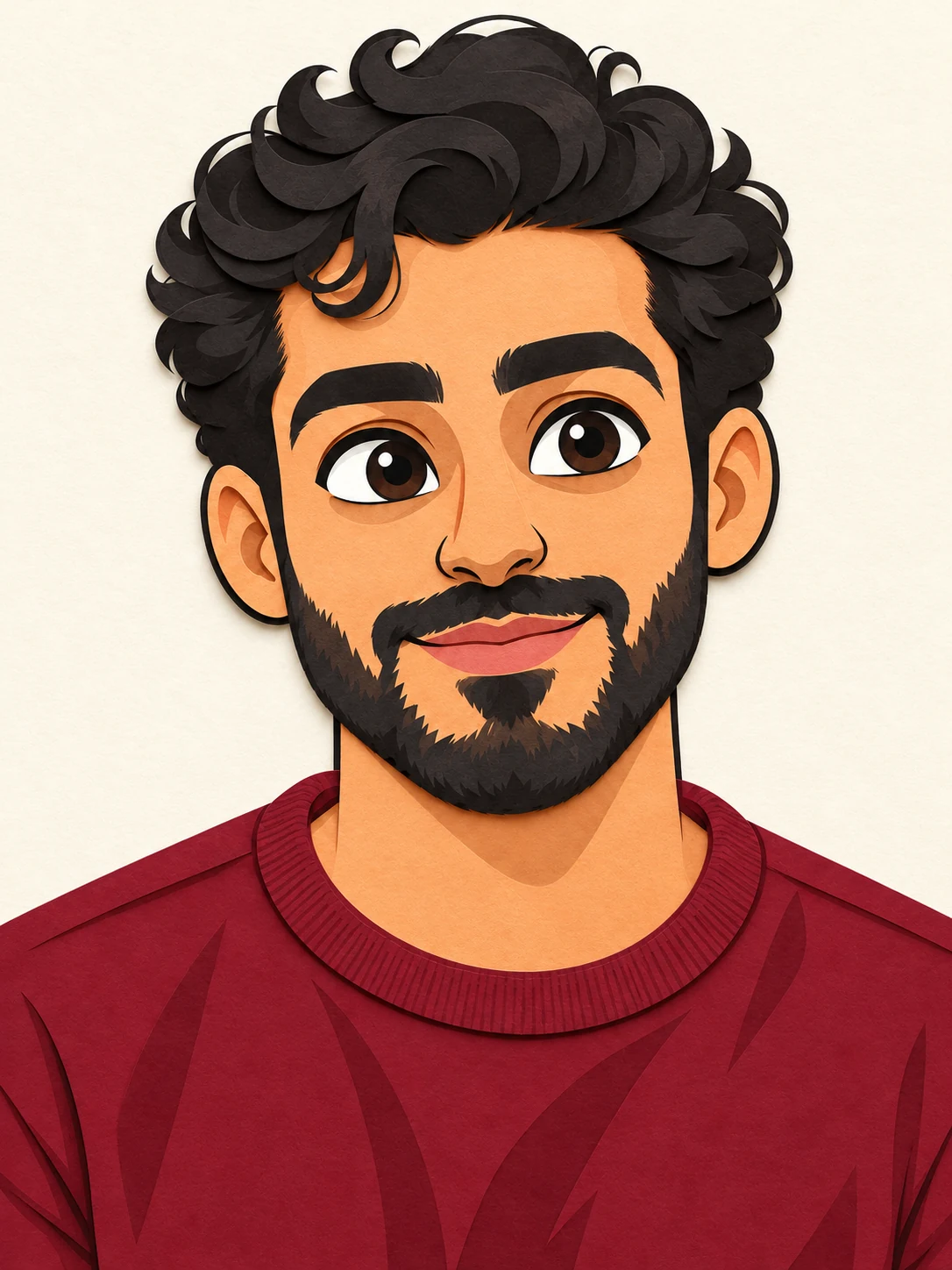 The same curly-haired cartoon man in burgundy with soft shading and broad simplified color shapes