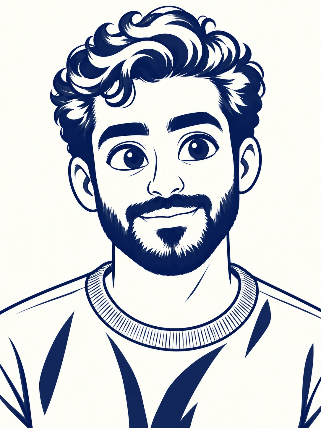 The same curly-haired cartoon man drawn with navy ink lines and solid graphic shadows on cream paper